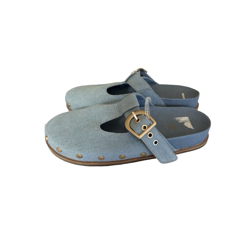 Chelsea & Violet Kalli Studded T-Strap Clog Mules Blue Denim Shoes Size 6